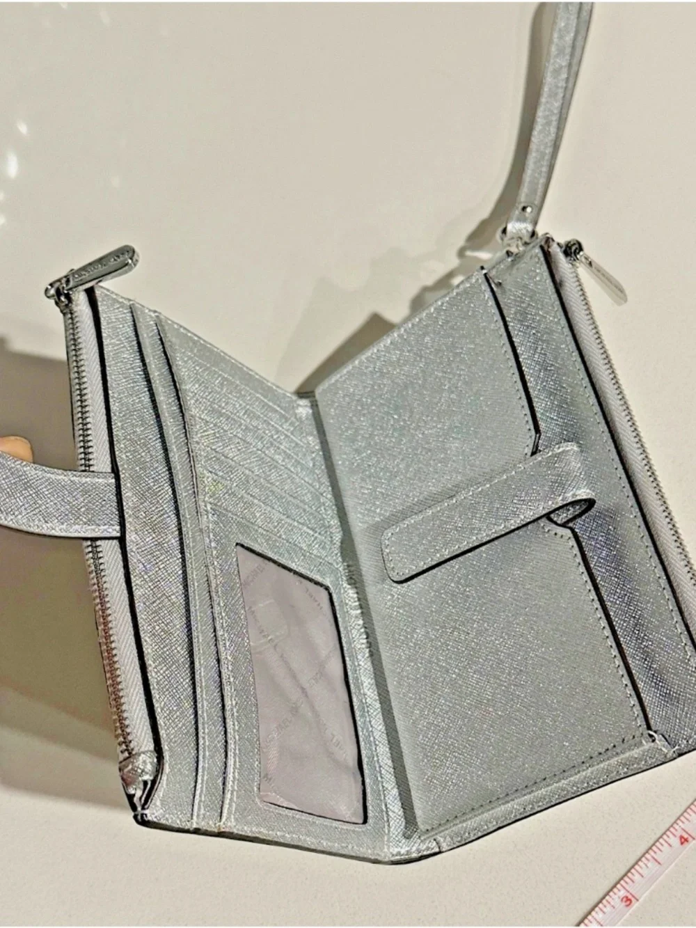 Michael Kors Jet Set Travel Double Zipper Leather Wristlet Wallet Clutch SILVER - Picture 11 of 13